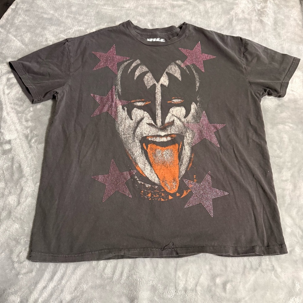 Vintage y2k KISS Gene Simmons Graphic T-Shirt Rhinestone Stars Band Tee Size M/L